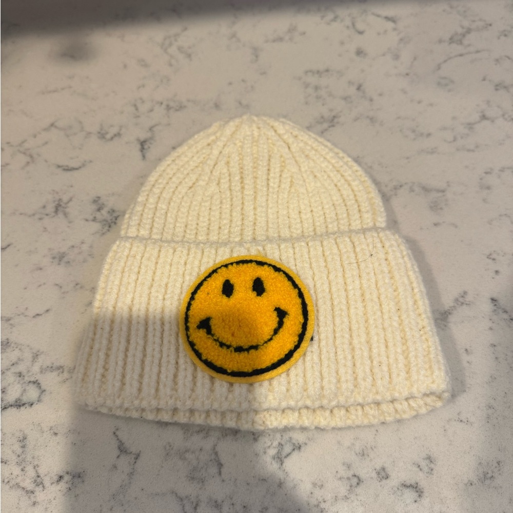 Smiley Face Kids Beanie - White